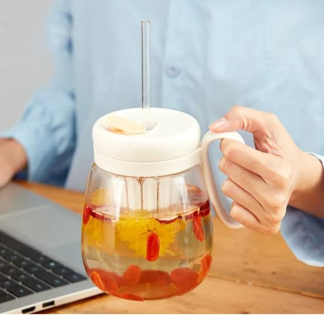 Stripe glass water bottle with tea infuser transparent glass cup