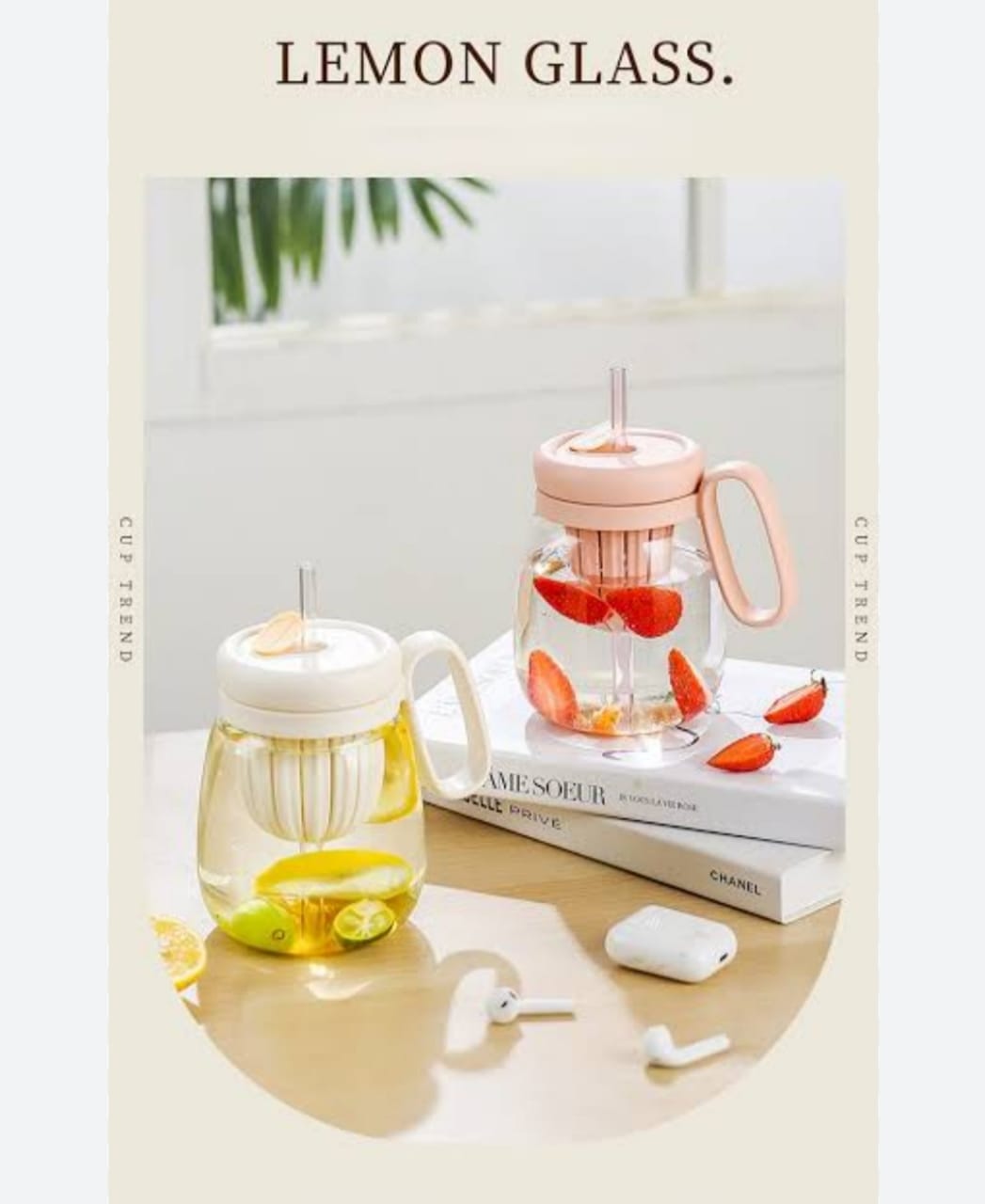Stripe glass water bottle with tea infuser transparent glass cup