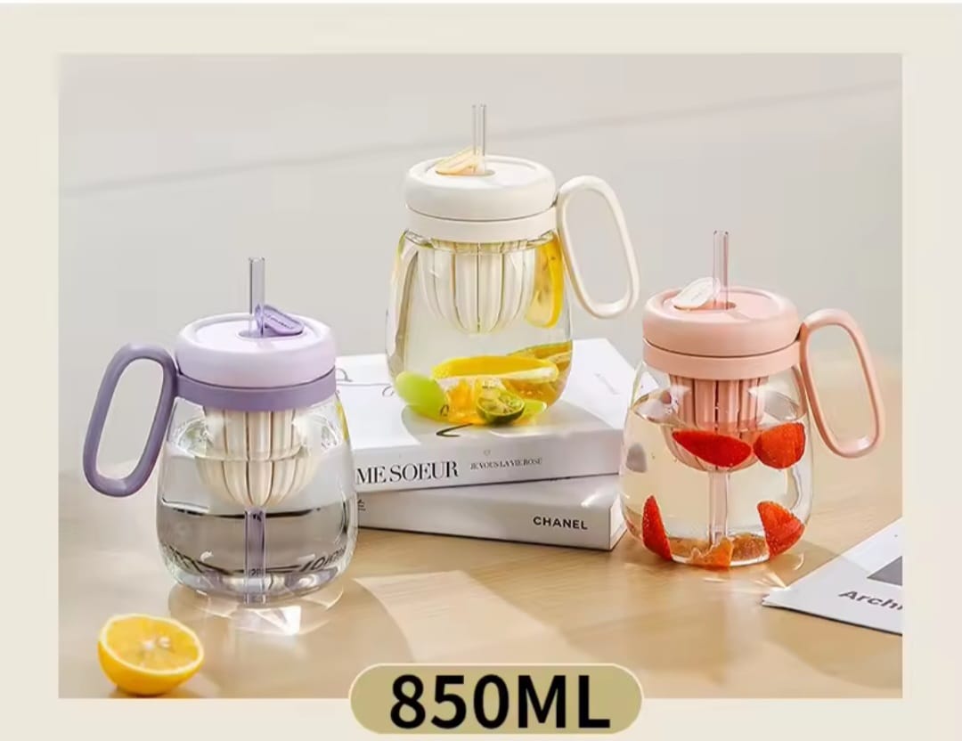 Stripe glass water bottle with tea infuser transparent glass cup