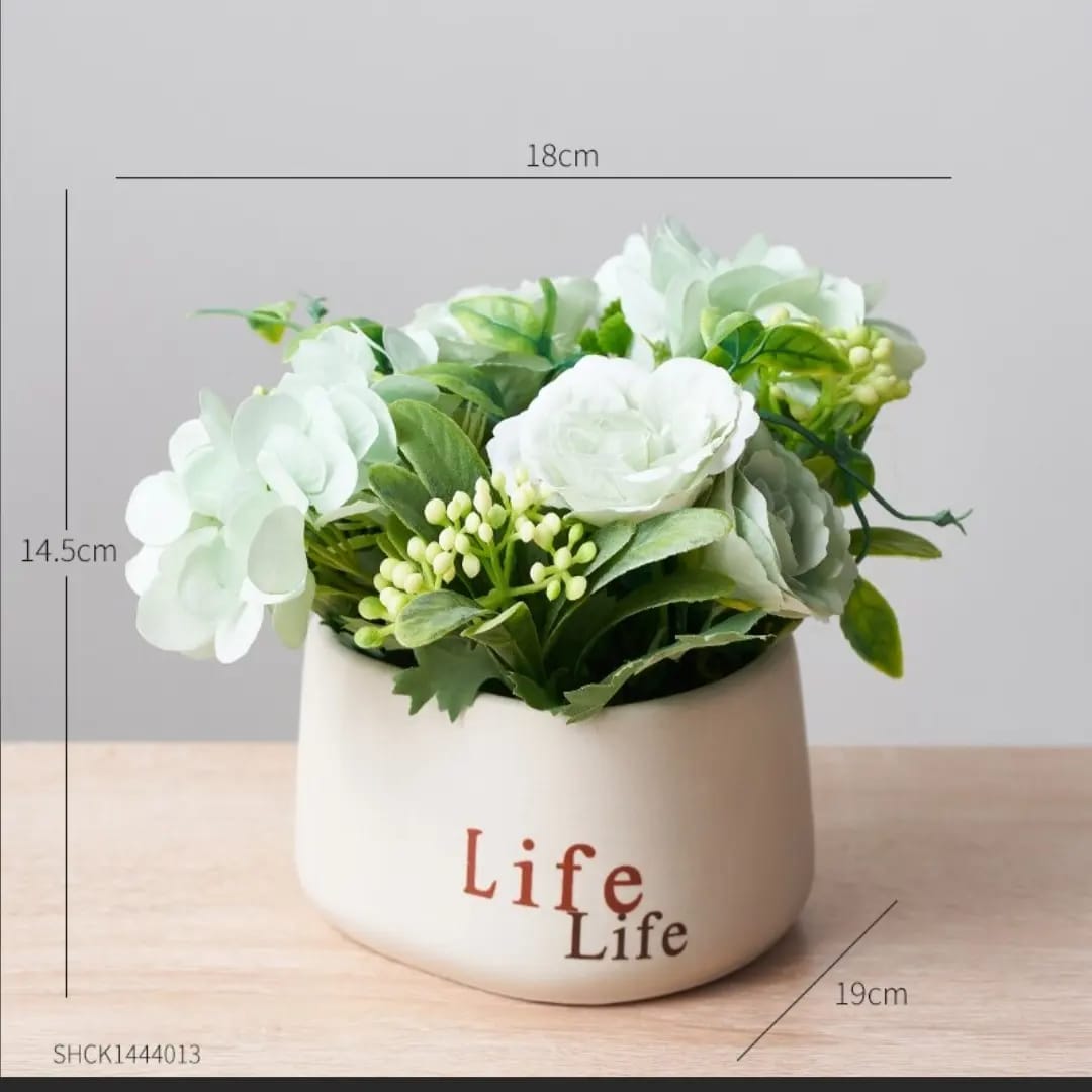 Life Written Ceramic Flower Pot| Different Color Flowers With Cream Color Pot