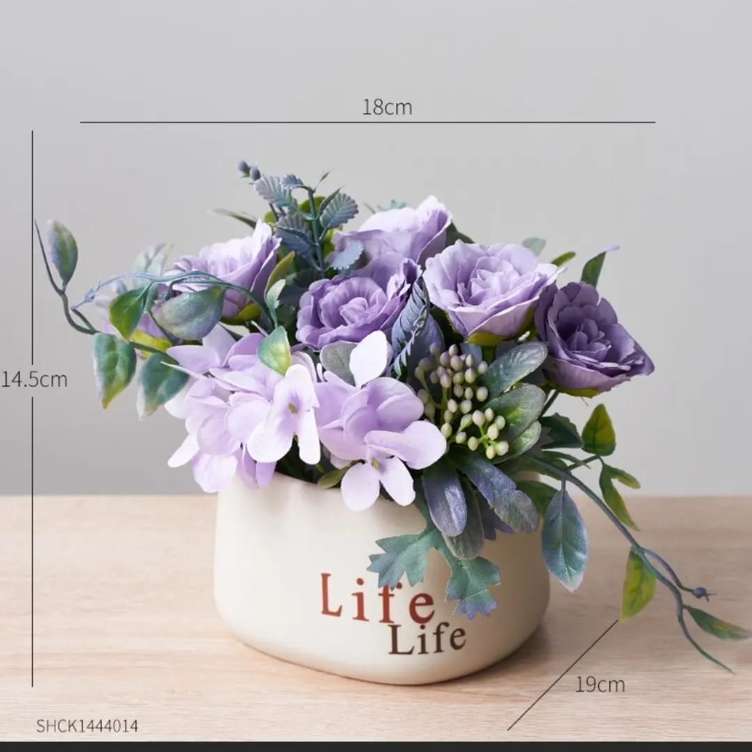 Life Written Ceramic Flower Pot| Different Color Flowers With Cream Color Pot