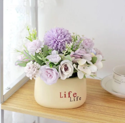 Life Written Ceramic Flower Pot| Different Color Flowers With Cream Color Pot