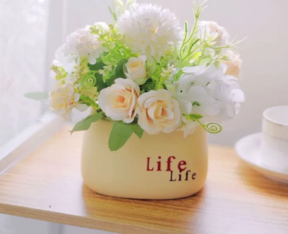 Life Written Ceramic Flower Pot| Different Color Flowers With Cream Color Pot