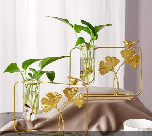 Glass Tube Vase With Golden Leaves and Bird on Top | Decorations Piece