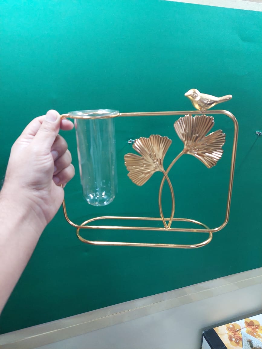 Glass Tube Vase With Golden Leaves and Bird on Top | Decorations Piece