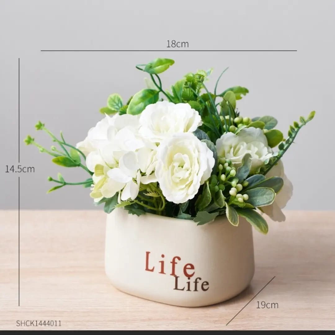 Life Written Ceramic Flower Pot| Different Color Flowers With Cream Color Pot