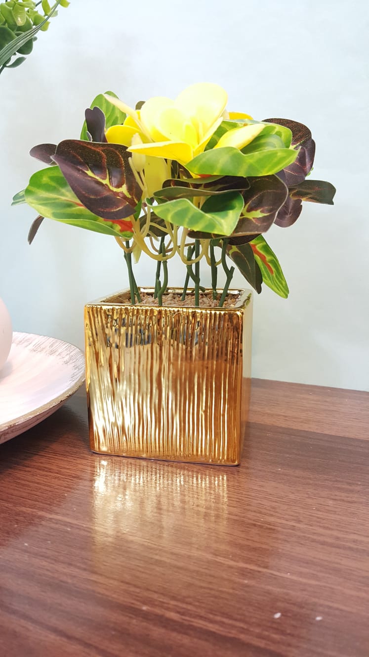 Exquisite Quality Ceramic Gold Plated Rubber Plant with Natural Look