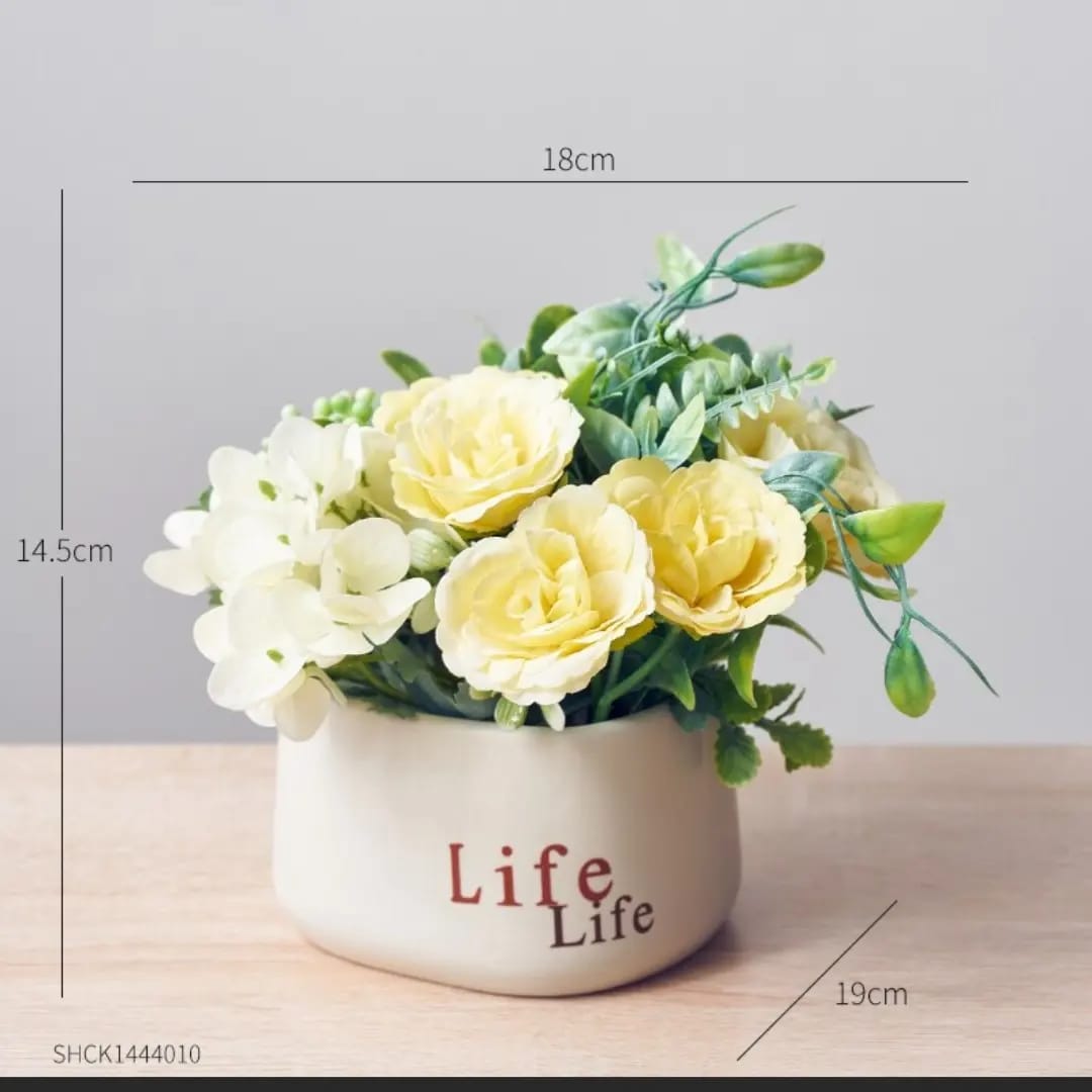 Life Written Ceramic Flower Pot| Different Color Flowers With Cream Color Pot