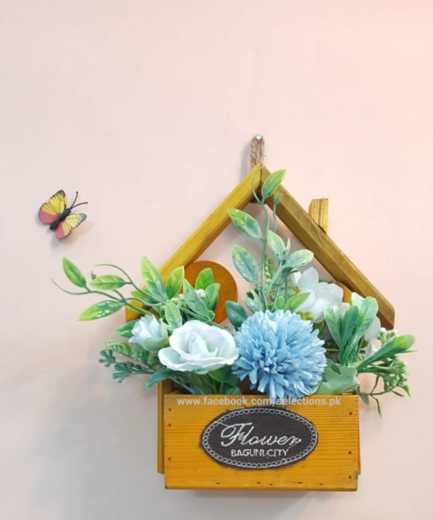 Wooden Hanging Hut Shaped Flower Decoration With Different Vibrant Colors