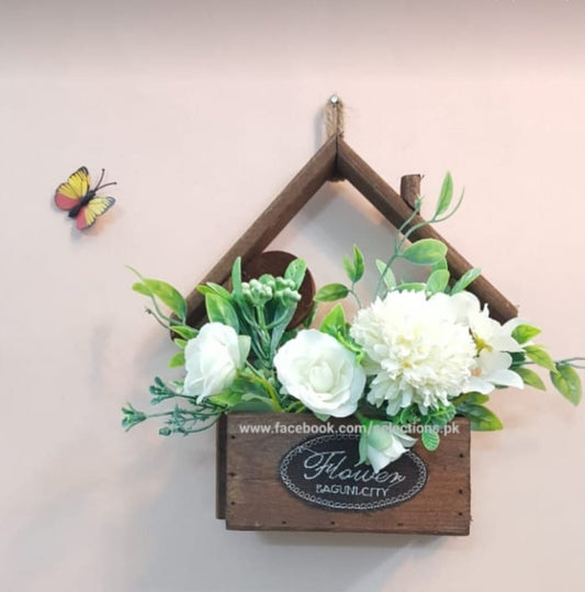 Wooden Hanging Hut Shaped Flower Decoration With Different Vibrant Colors