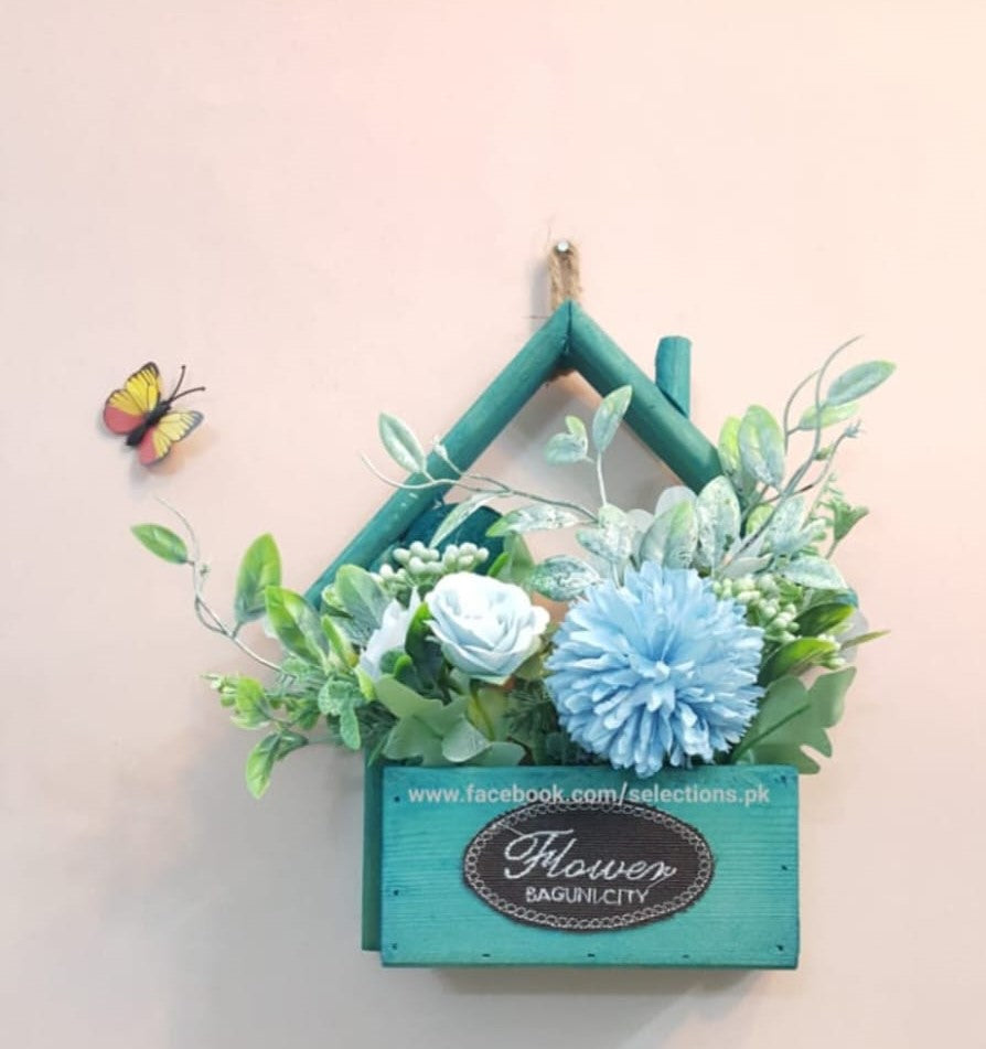 Wooden Hanging Hut Shaped Flower Decoration With Different Vibrant Colors