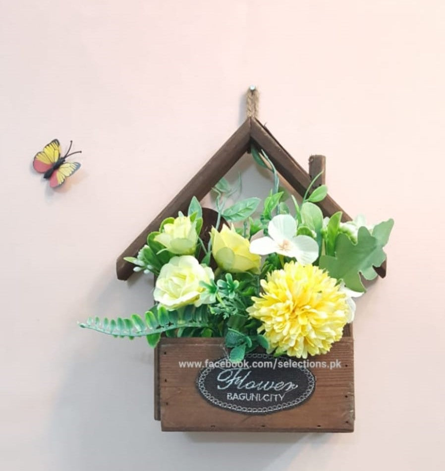 Wooden Hanging Hut Shaped Flower Decoration With Different Vibrant Colors