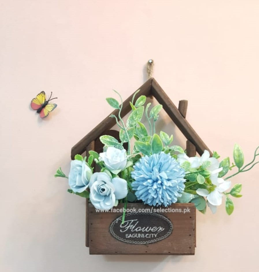 Wooden Hanging Hut Shaped Flower Decoration With Different Vibrant Colors