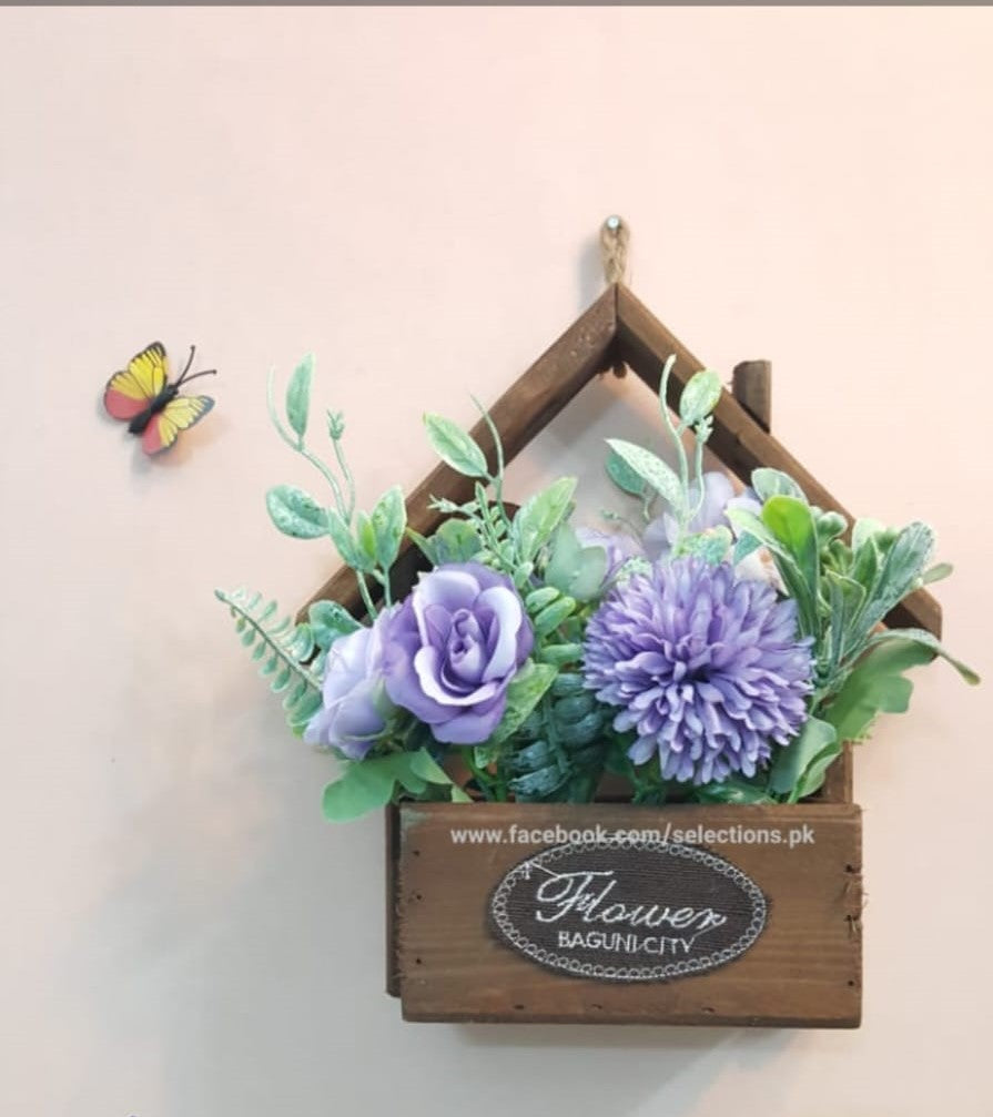 Wooden Hanging Hut Shaped Flower Decoration With Different Vibrant Colors