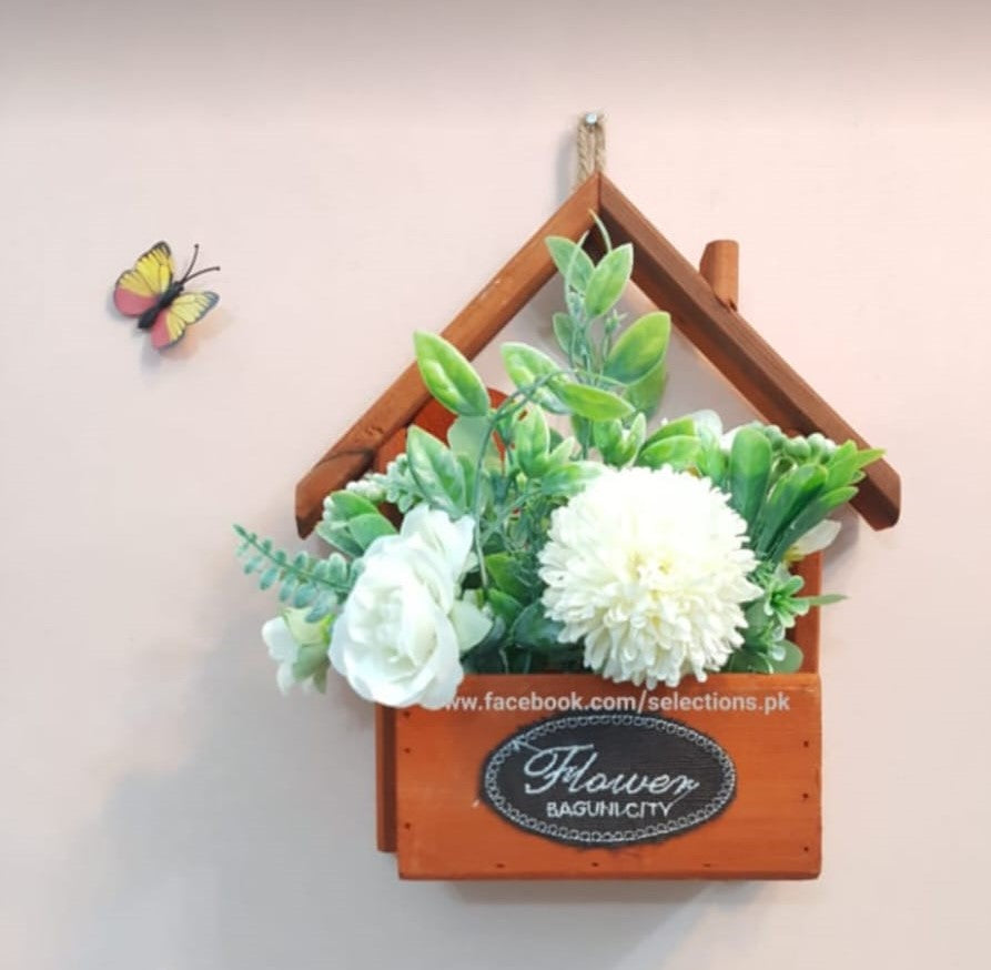 Wooden Hanging Hut Shaped Flower Decoration With Different Vibrant Colors