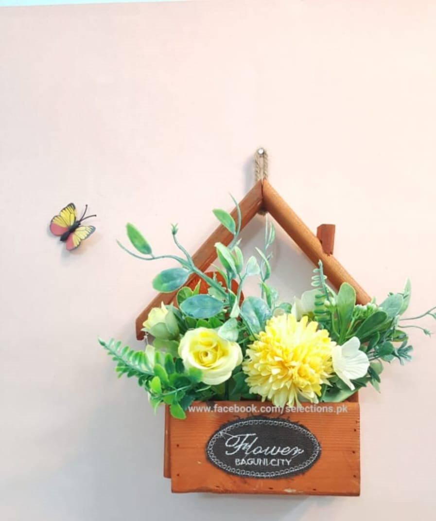 Wooden Hanging Hut Shaped Flower Decoration With Different Vibrant Colors