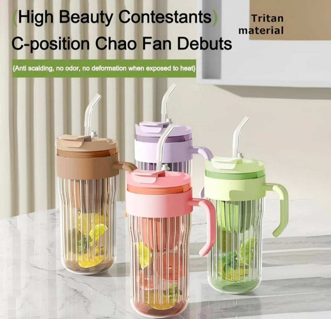 Stripe glass water bottle with tea infuser transparent glass cup