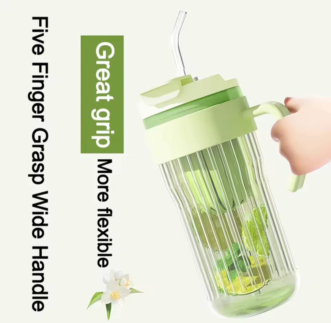 Stripe glass water bottle with tea infuser transparent glass cup